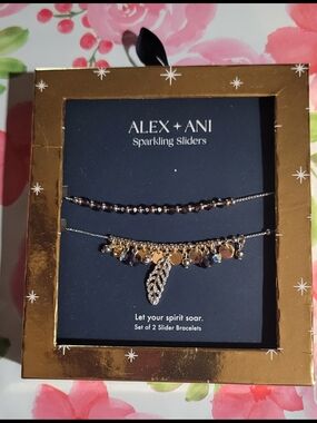 ALEX AND ANI Gold and Black Sparkling Feather Slider Bracelet Set